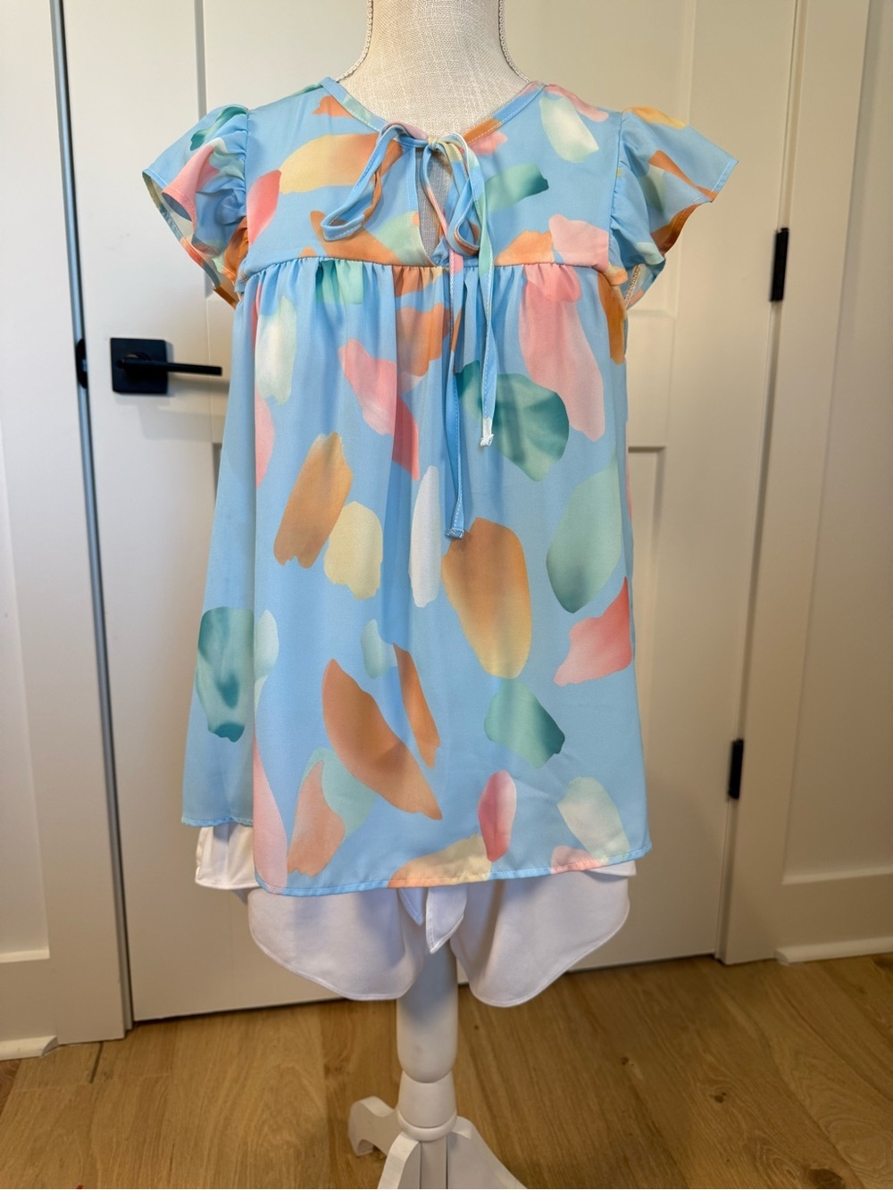 Pastel Abstract Print Blouse Flutter Sleeve Tie Neck Top Blue Pink small